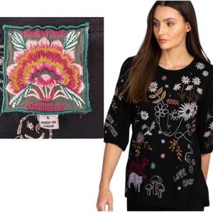 Johnny Was Black Multicolor Embroidered Long Sleeve Top